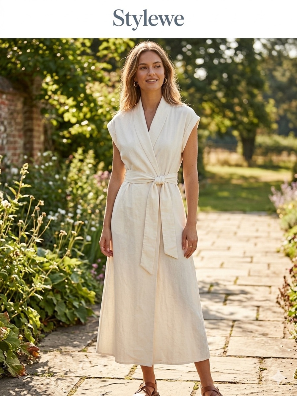 Stylewe Cream  Sheath Midi Dress with Waist Tie